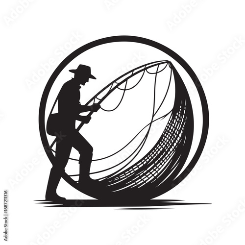 fisherman casting net vector silhouette clip art logo design illustraiton.
