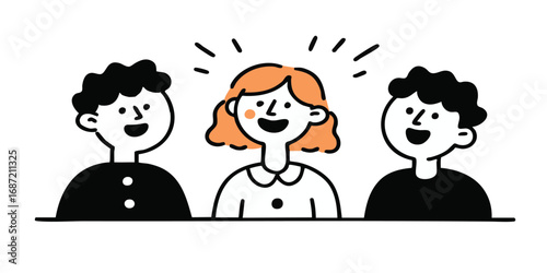 A joyful group of smiling friends radiates happiness and harmony, their faces animated with genuine delight in a simple line illustration.