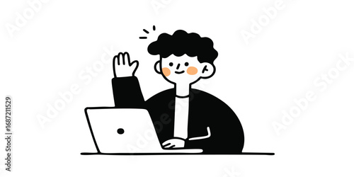 A friendly illustration of a person working on a laptop with a welcoming gesture, ideal for technology, work, or online interaction themes.