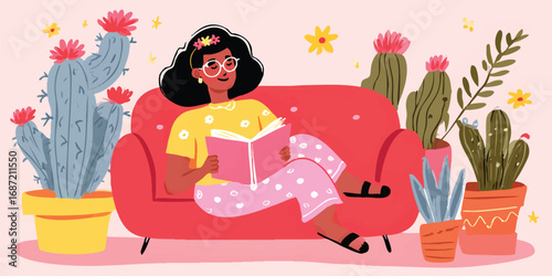 A woman relaxing indoors with a book and cacti, her image exuding calm and relaxation, conveying the joys of a leisurely day spent in the comfort of one's home.
