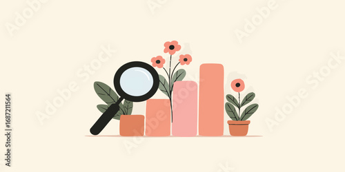 An illustration that shows the process of carefully analyzing the data with magnifying glass and flower decoration, suggesting growth, examination, and business analysis.
