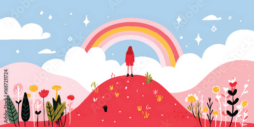 A woman gazes in wonder at the vibrant rainbow arching across a fairytale sky, a scene where hope and imagination intertwine, set in a world of whimsy.