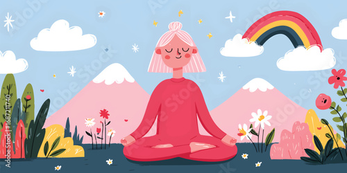 An animated woman finds serenity in meditation, with her eyes gently closed. The soft focus and peaceful illustration evokes a sense of calm. 