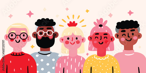 A diverse group of smiling individuals gather together. Depicting inclusion, happiness, and the bonds of community, in a charming and engaging illustration.