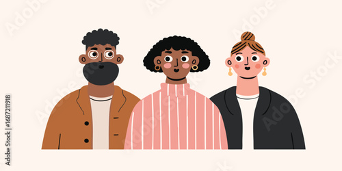 Three diverse individuals stand shoulder-to-shoulder, their expressions of wonder and curiosity captivating viewers with a sense of unity.