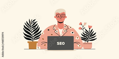 A creative professional, deeply engrossed in the world of Search Engine Optimization(SEO), works diligently on a sleek laptop, surrounded by the freshness of potted plants.