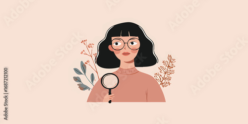 A determined young woman gazes through a magnifying glass, symbolizing a focus on observation, inquiry, and exploration, set against a simple backdrop.
