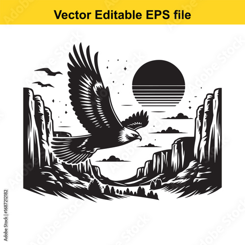 Eagle flying over canyon landscape with sun and birds, vector art