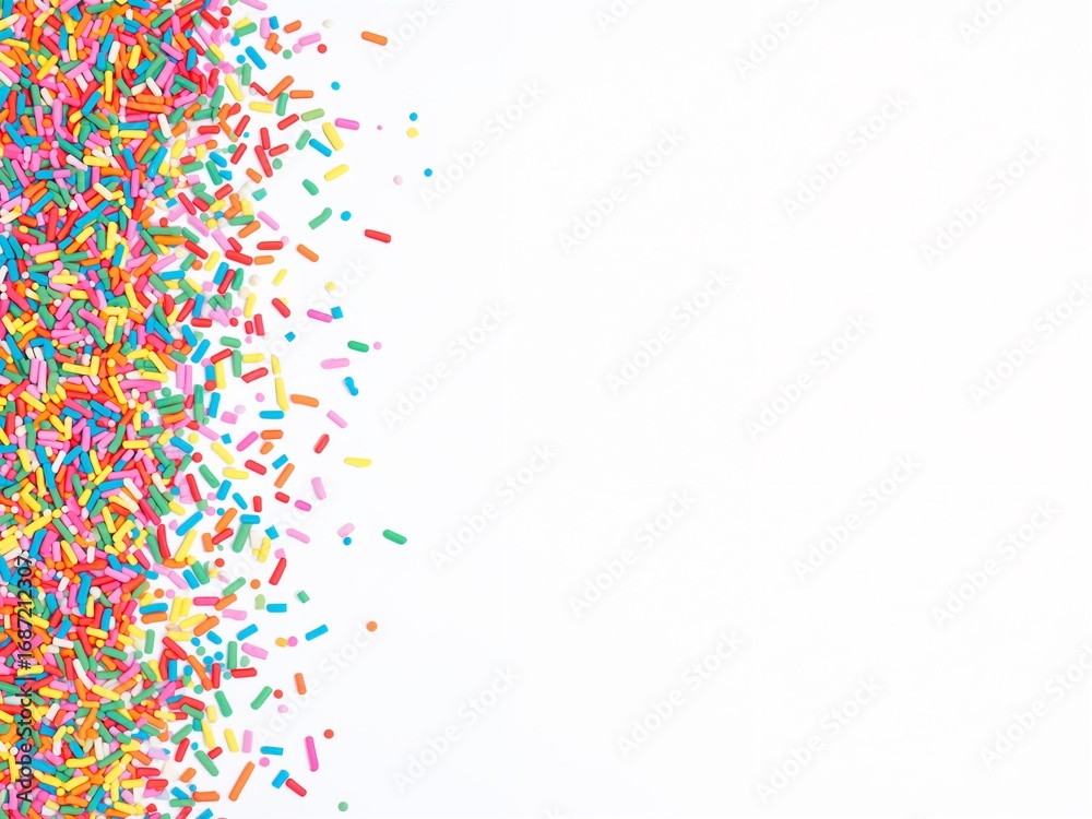 Fototapeta premium Colorful rainbow sprinkles scattered on a white background, forming a vibrant border.