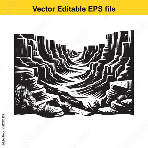 Black and white illustration of a deep canyon with sparse vegetation