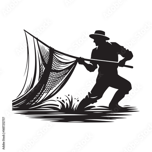 fisherman casting net vector silhouette clip art logo design illustraiton.