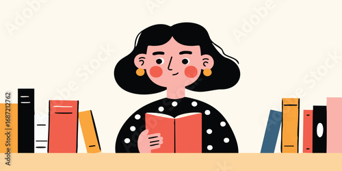 A captivating illustration of a woman engrossed in reading, surrounded by a vibrant collection of books. Experience the quiet intimacy of literature and learning in this artful scene.