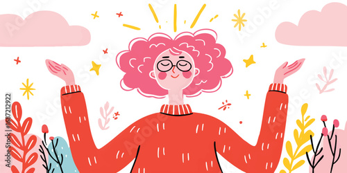 A radiant illustration depicts a woman with pink curly hair, her face serene with closed eyes, basking in a moment of mindfulness, serenity, and mental clarity.
