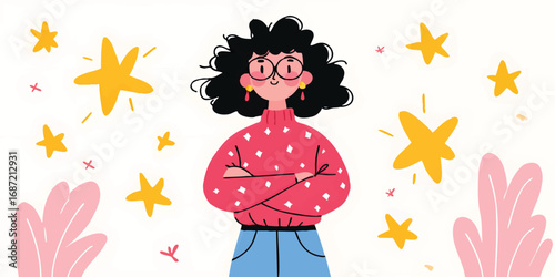 A vibrant and expressive young woman with curly hair and glasses stands confidently amidst whimsical stars and stylized plants. A visual celebration of creativity and individuality.