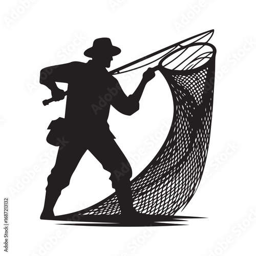 fisherman casting net vector silhouette clip art logo design illustraiton.