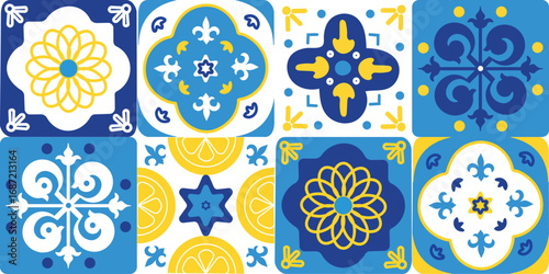 Amalfi mosaic pattern with lemon slices and floral motifs. Colorful geometric design with rosettes and diamond shapes. Mediterranean folk ornament, traditional ceramic tiles.