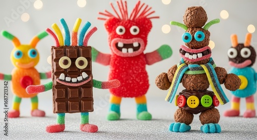Colorful candy monsters celebrating childhood joy and creative fun in a playful setting