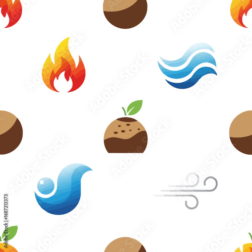 Seamless pattern featuring stylized representations of the four classical elements: fire, water, earth, and air.