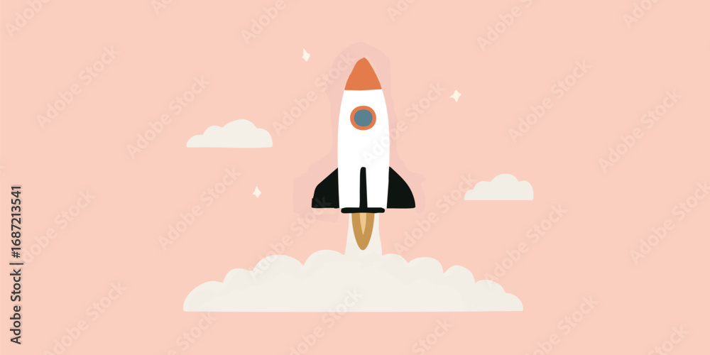 Obraz premium A stylized rocket ascends, its powerful engines igniting as it blasts off towards the future, leaving trails of vapor against a soft pastel backdrop.