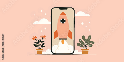 A vibrant phone screen displays a rocket ship, representing technological innovation. The image conveys progress and new possibilities.