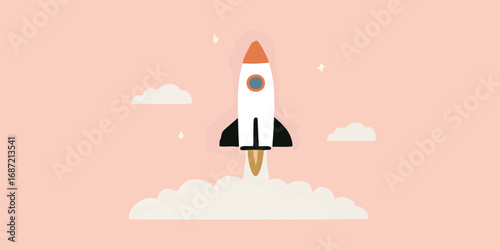 A stylized rocket ascends, its powerful engines igniting as it blasts off towards the future, leaving trails of vapor against a soft pastel backdrop.
