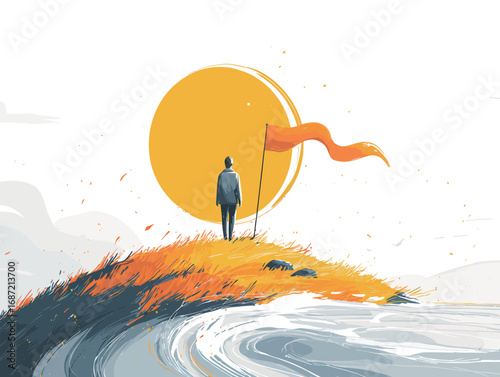 A lone figure stands on a hill holding a flag, gazing at a large sun setting in the background. The landscape features flowing water and vibrant grass, conveying determination.