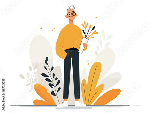 A young individual stands confidently, clutching a bouquet of flowers while surrounded by vibrant leaves and abstract shapes. The scene exudes creativity and warmth.