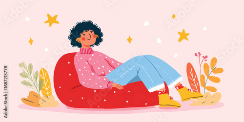 An illustration captures a moment of peaceful relaxation, a person resting comfortably in a beanbag chair amidst a scene of serene. The art highlights themes of tranquility and rest.