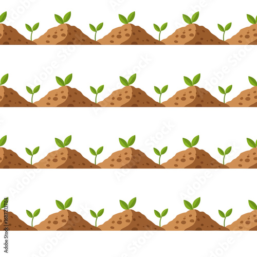 Seamless pattern of small green sprouts emerging from brown soil mounds, symbolizing growth and new beginnings.