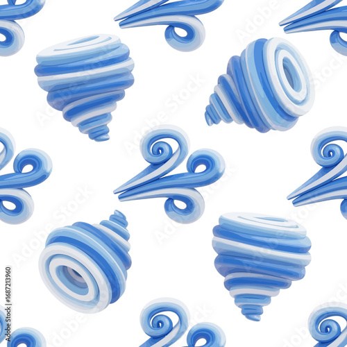 Seamless pattern of stylized 3D blue and white wind gusts and tornado funnels on a white background.