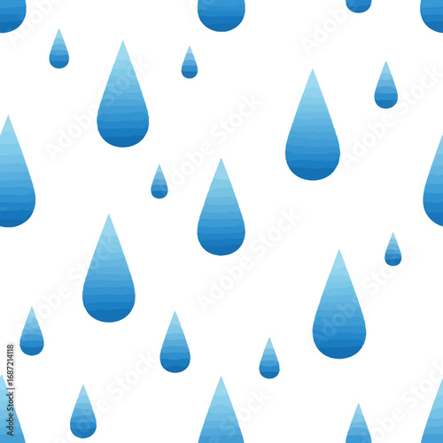 Seamless pattern of blue raindrops on a white background, depicting a rainy weather motif for design elements.