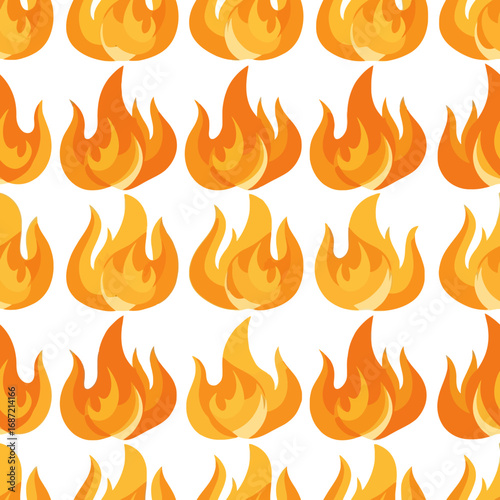 Seamless pattern of cartoon fire flames on a white background, repeating design.