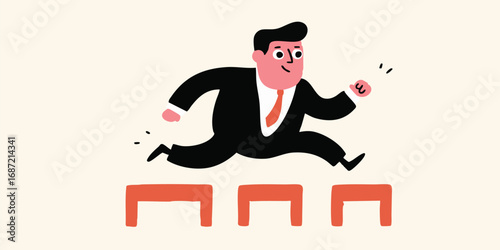 A determined businessman gracefully leaps over hurdles, symbolizing resilience and determination in the face of challenges.