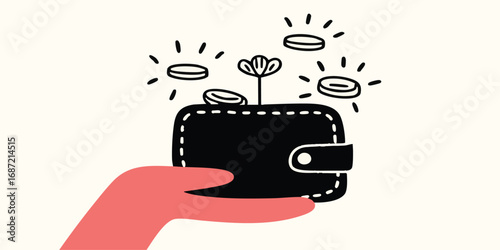 A metaphorical representation of financial growth, with a hand tenderly cradling a wallet from which coins and a budding plant sprout forth, symbolizing the flourishing of assets and investments.