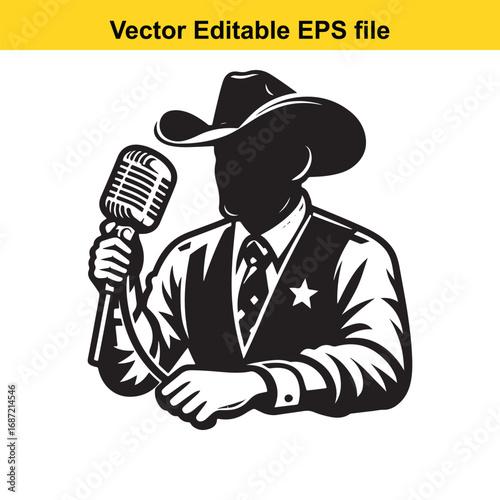 Silhouette of a cowboy holding a vintage microphone isolated on white background