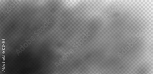 Dark smoke and fog overlay with soft wispy haze. Cinematic atmosphere texture for dramatic background, fantasy scene, gothic design or eerie night effect. Transparent PNG vector.