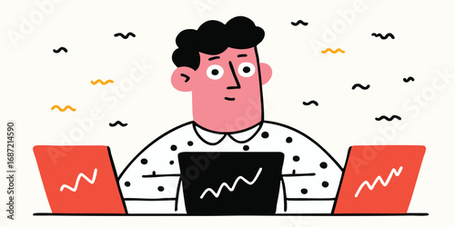 A determined individual, engrossed in his work with multiple screens.