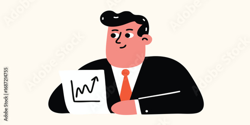 A confident businessman in a tailored suit proudly presents a positive upward trend graph, epitomizing growth and strategic vision. This image is ideal for illustrating business success.