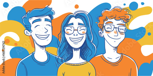 Three young adults with joyful expressions are featured in a bright and colorful illustration. They are surrounded by vibrant blue and orange shapes, embodying a sense of happiness and friendship.