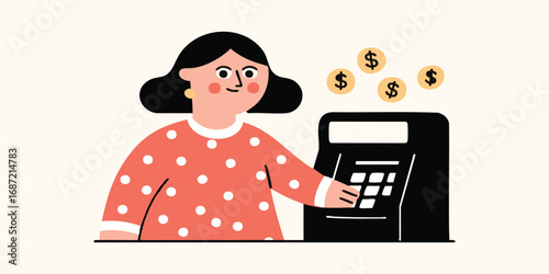 A cartoon woman interacts with a cash register, while golden coins float in the air, creating a scene of financial transaction.