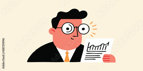 An illustrated executive, deep in thought, reviews a detailed chart, with a determined expression, embodying diligence and intellectual focus in a visually appealing design.