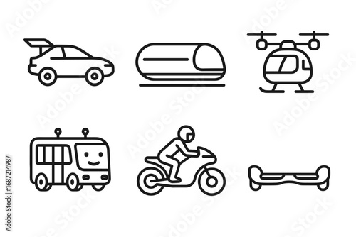 Icon set of futuristic transportation: car, train, helicopter, bus, motorcycle, hoverboard