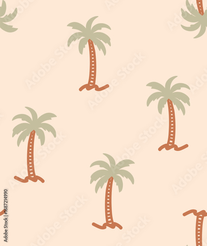 Seamless tropical palm tree pattern, olive and brown pattern, background beige, drawing jungle plants, sketch. Hand drawn summer vacation background