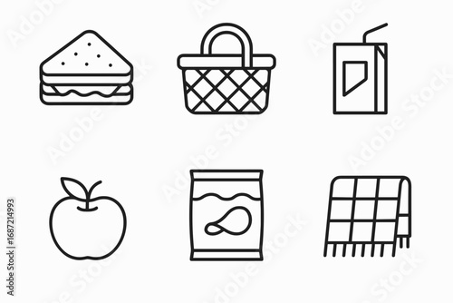 Picnic essentials icons: sandwich, basket, juice box, apple, snack, blanket