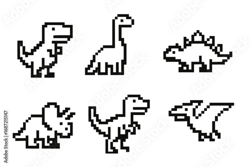 Set of pixel art dinosaurs including t-rex, brachiosaurus, stegosaurus, triceratops, pterodactyl