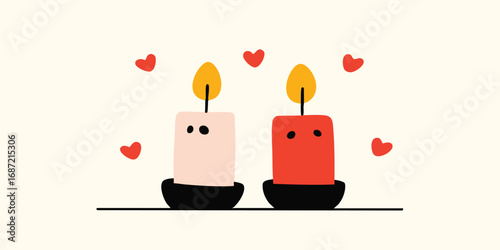 Two lit candles, symbolic of love, harmony, and warmth, radiate a tender glow amid small hearts. Capturing a cute and delightful illustration perfect for romantic themes.