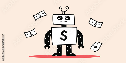 A playful illustration captures a whimsical robot, playfully tossing money, symbolizing the potential of innovative finance and automated wealth creation.