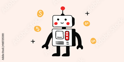 A cheerful cartoon robot surrounded by coins symbolizes the fusion of technology and finance, perfectly capturing concepts such as automation and wealth in a digital era.