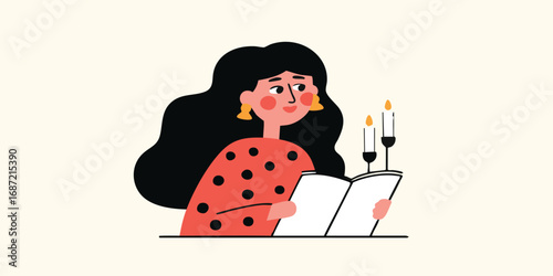 An animated woman finds solace in the gentle glow of candlelight, engaged in reading a book, a serene illustration.