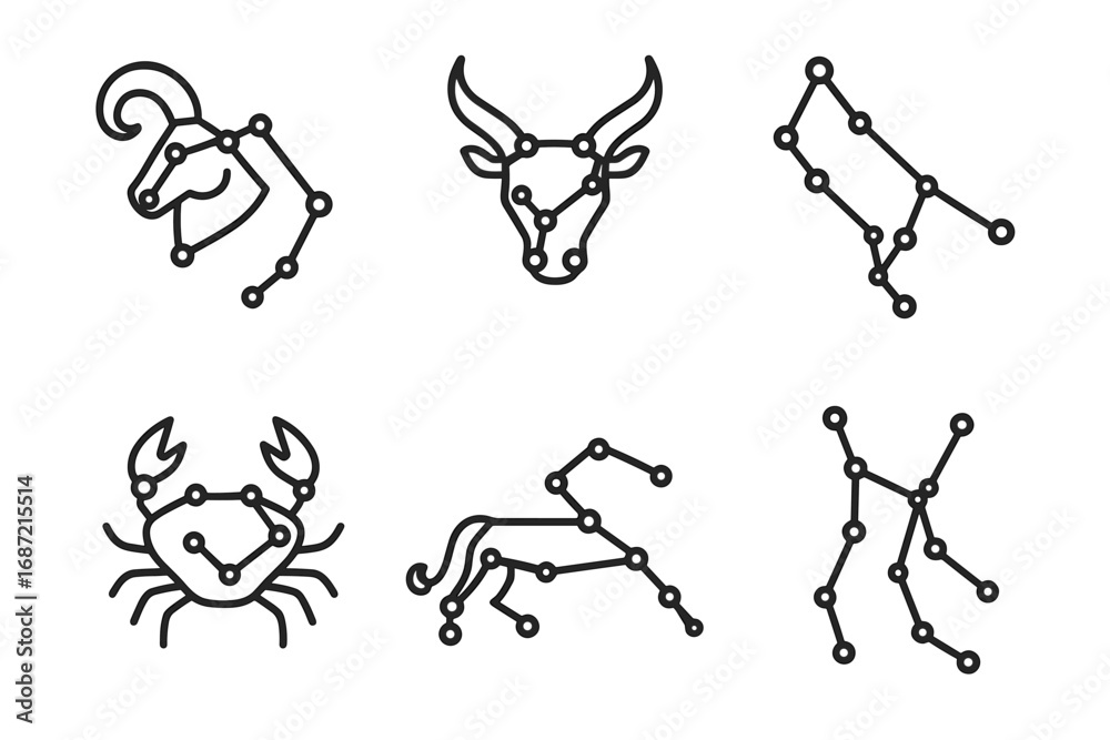 Obraz premium Zodiac constellations: capricorn, taurus, virgo, cancer, sagittarius, gemini symbols
